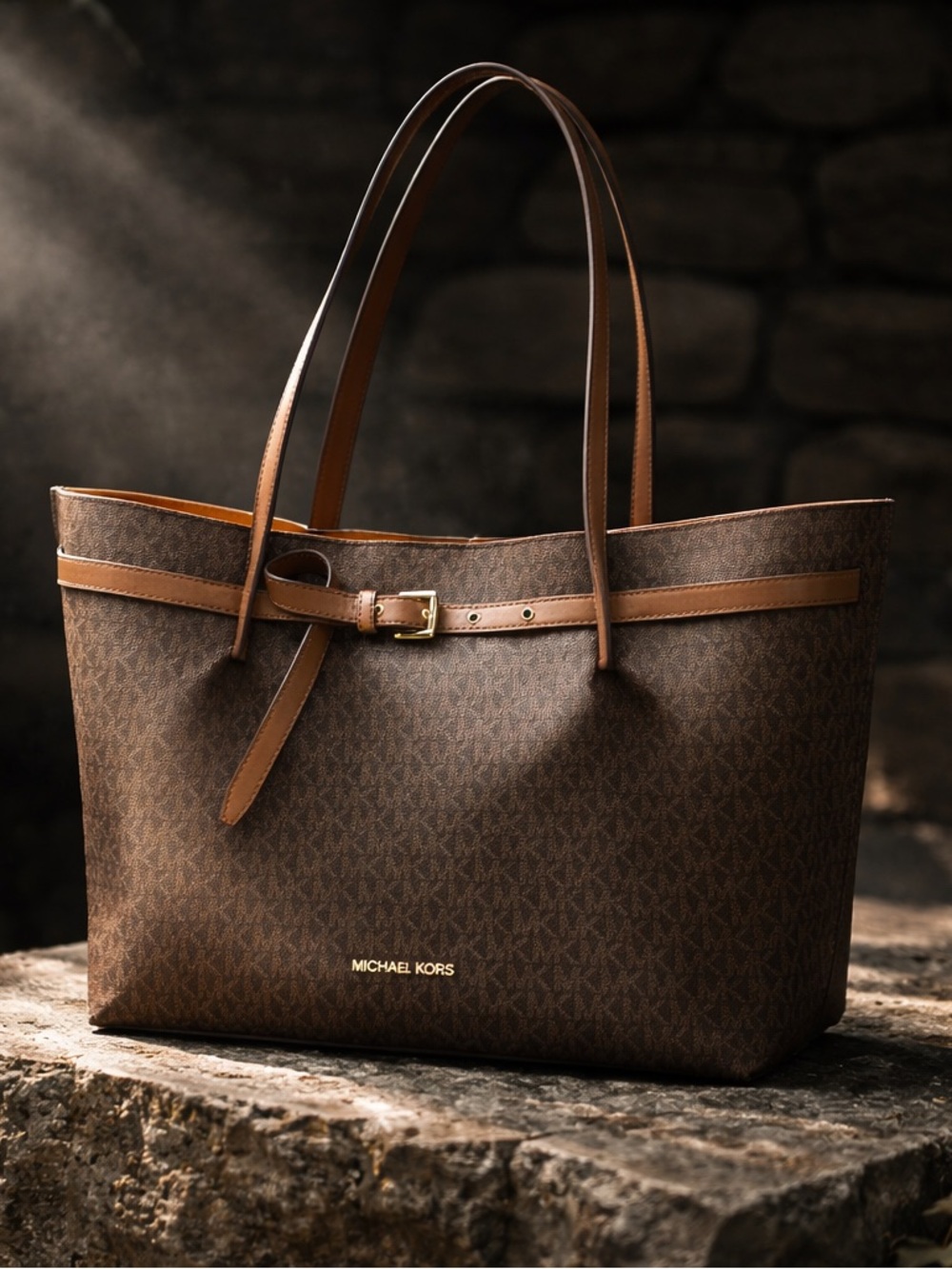 Michael Kors Brown Monogram Reversible Tote with Tan Trim